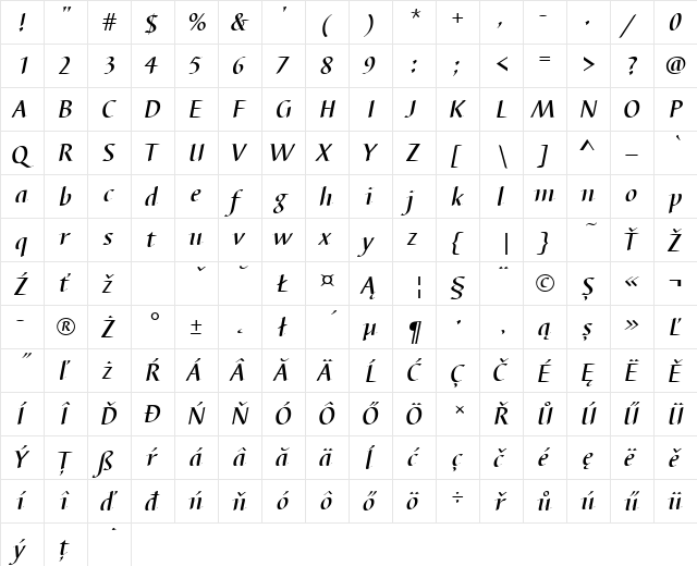 BarbedorTEEMed Italic  glyph index