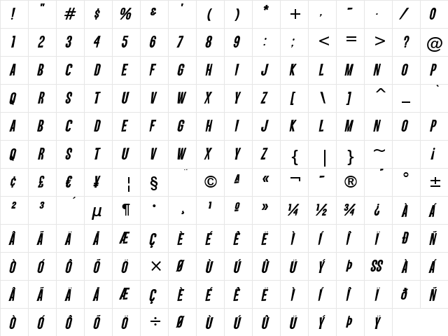 Vanishing Boy BTN BoldOblique  glyph index