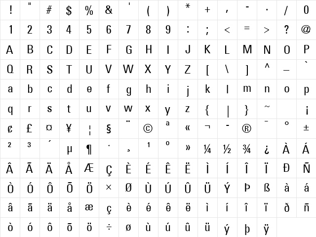 Univers 57 Condensed Regular  glyph index