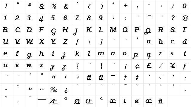 JavelinBold Regular  glyph index