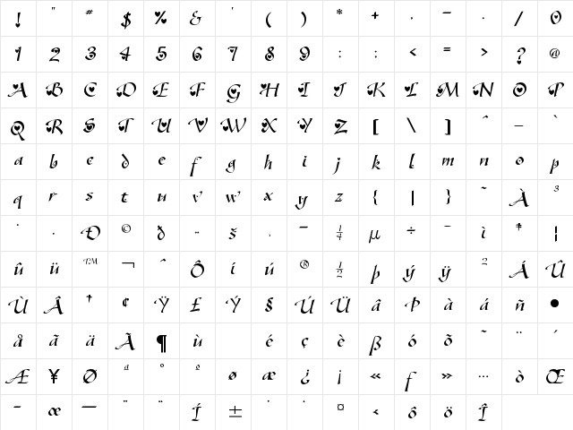Goldy's Valentine Regular  glyph index