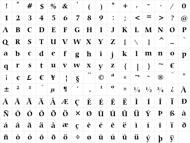 Carmina Md BT Bold  glyph index