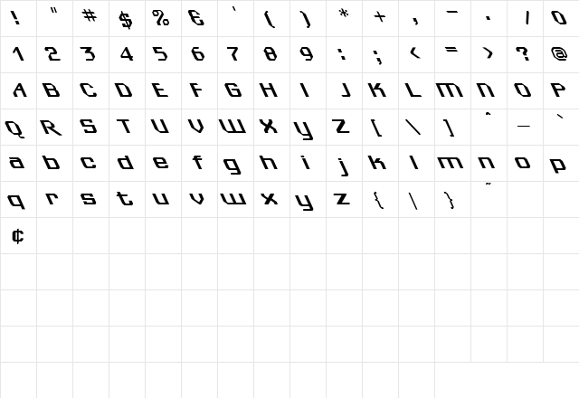 Sydneys Left Regular  glyph index