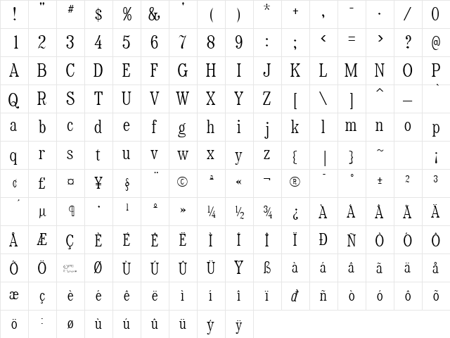 RataczakCond Plain  glyph index