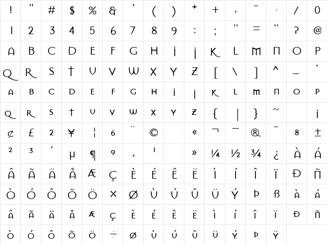 MasonSansRegular Regular  glyph index