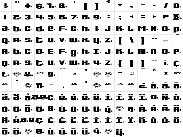 Dinette Regular  glyph index