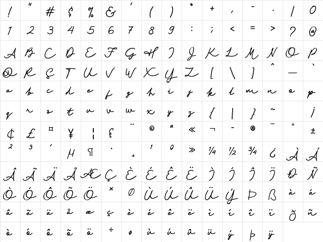 Amstrong Regular  glyph index