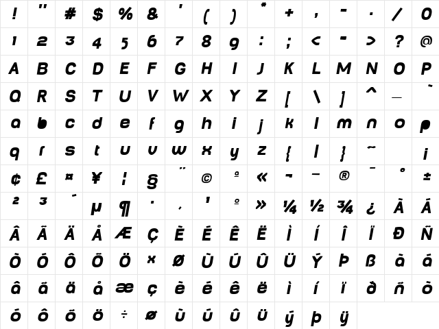 BabyMine FatOblique  glyph index