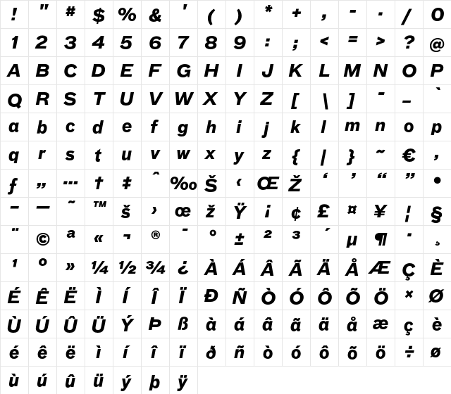 BauLF-BoldItalic Regular  glyph index