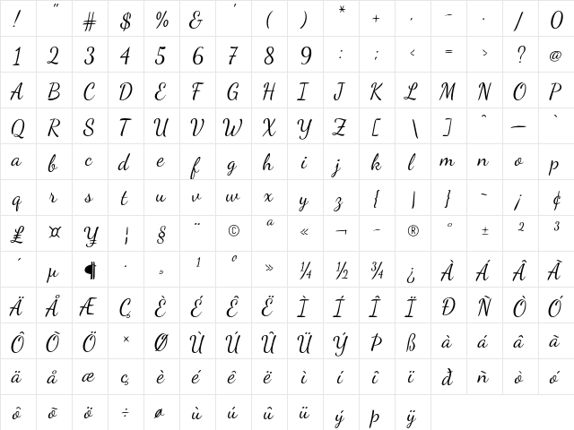 Dancing Script Regular  glyph index
