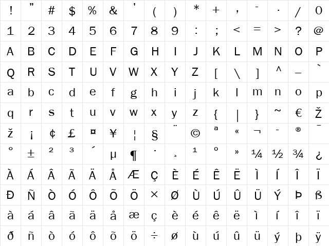 ITCFranklinGothic LT Book Regular  glyph index