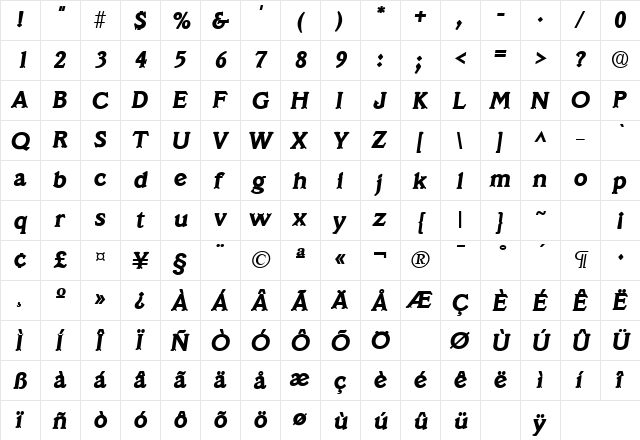 VeracruzLH Bold Italic  glyph index