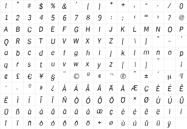 HamburgSerial-Light Italic  glyph index