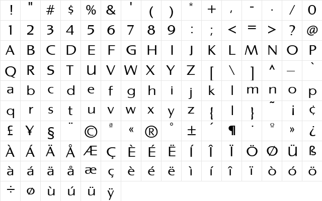 GrangeTF-Light Regular  glyph index