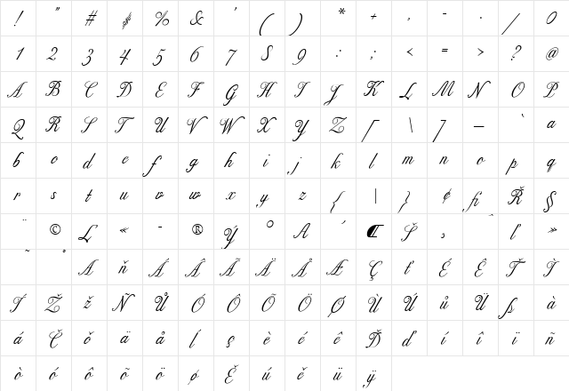 ExcelsiorScript Regular  glyph index
