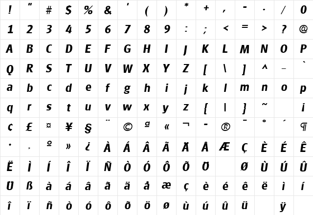 Glasgow Bold Italic  glyph index