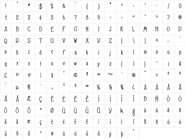 Nathan Condensed Condensed Regular  glyph index