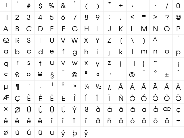 Moderne Regular  glyph index