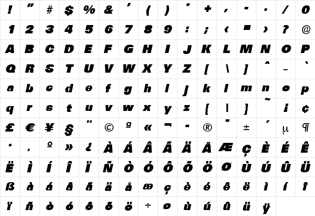 IrvinBecker-Heavy Italic  glyph index