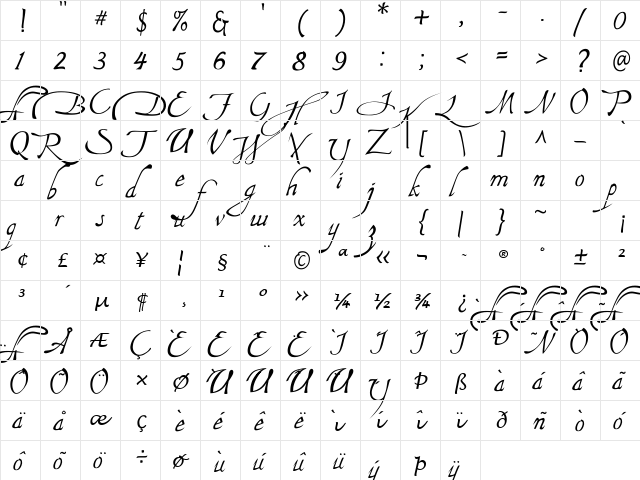 Flamboyant Handwri ting  glyph index