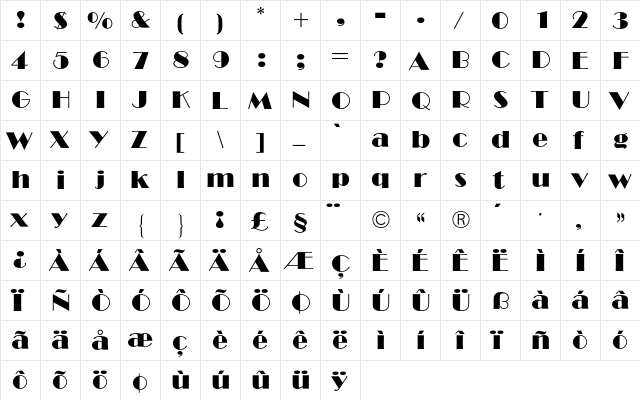 Broadway BQ Regular  glyph index