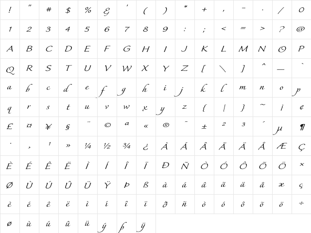 Italican Script Expand Regular  glyph index