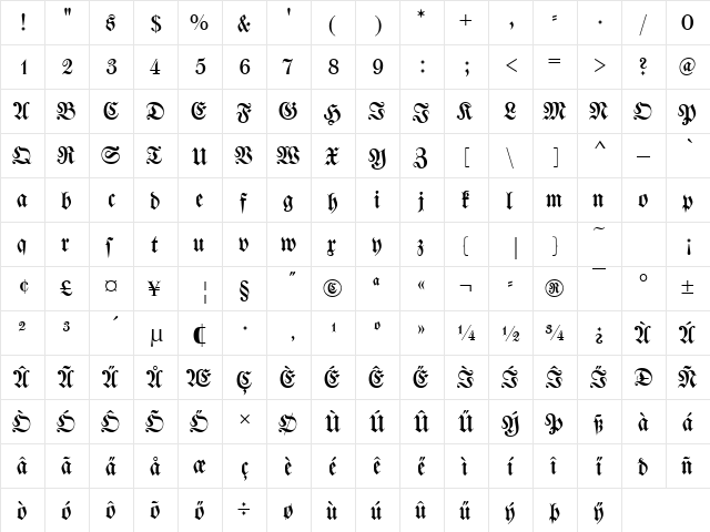 Becker Fraktur Regular  glyph index