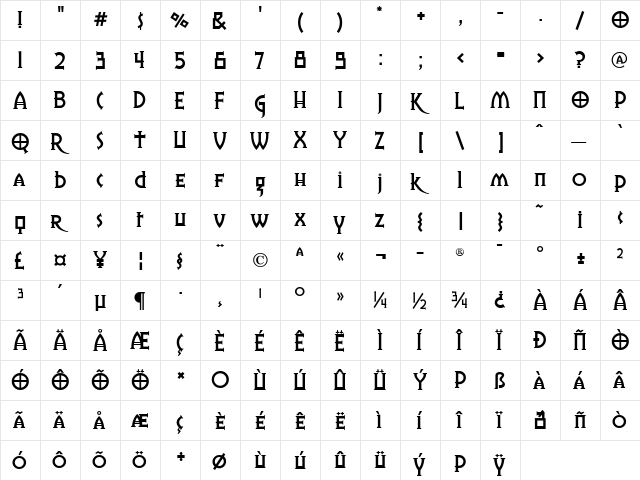 Platinum Regular  glyph index