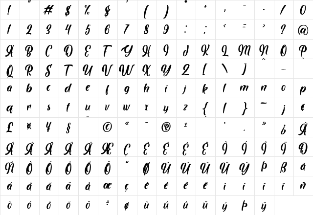 Brogads Regular  glyph index