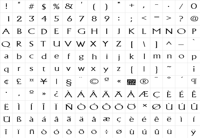 AlbertaWideExtralight Regular  glyph index