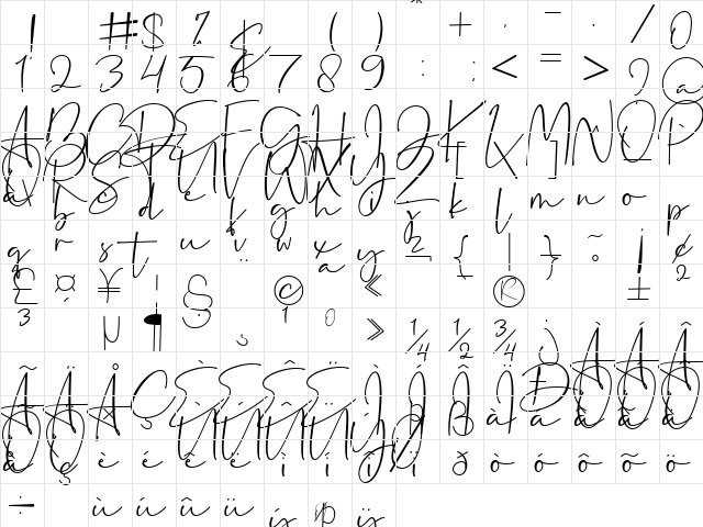 Dantina Regular  glyph index