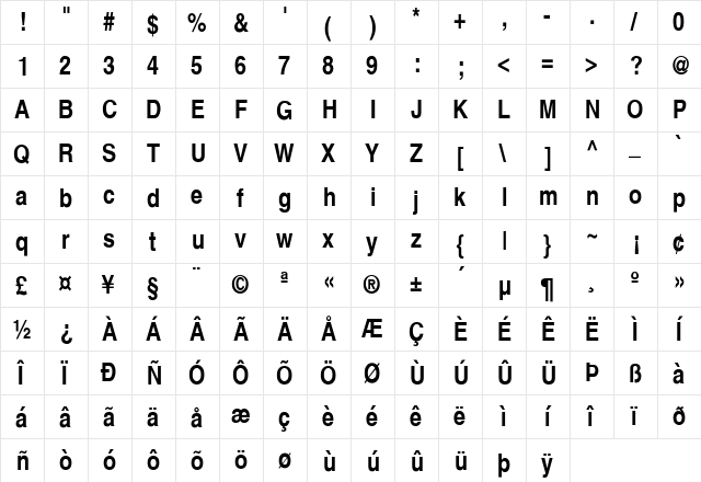 Partridge-Narrow-Bold Regular  glyph index