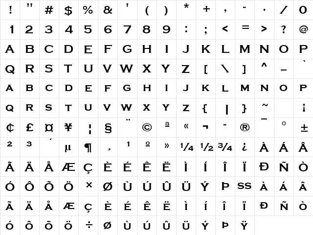 Copperplate Gothic Bold Regular  glyph index