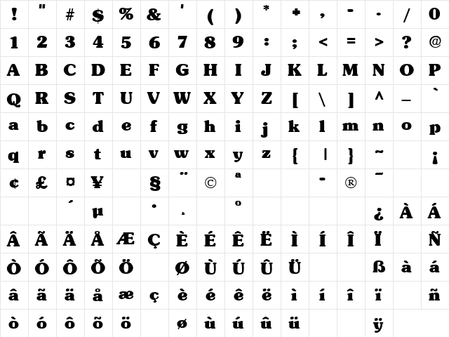 Subway Regular  glyph index