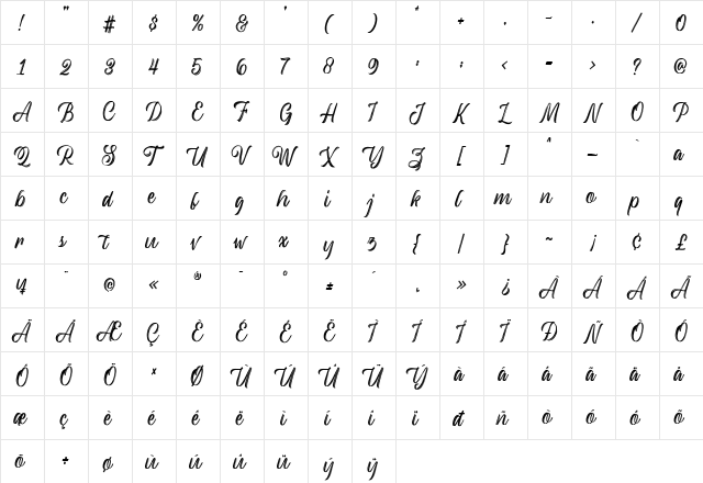 Backrush Regular  glyph index