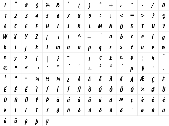 Myriad Pro Bold Condensed Italic  glyph index