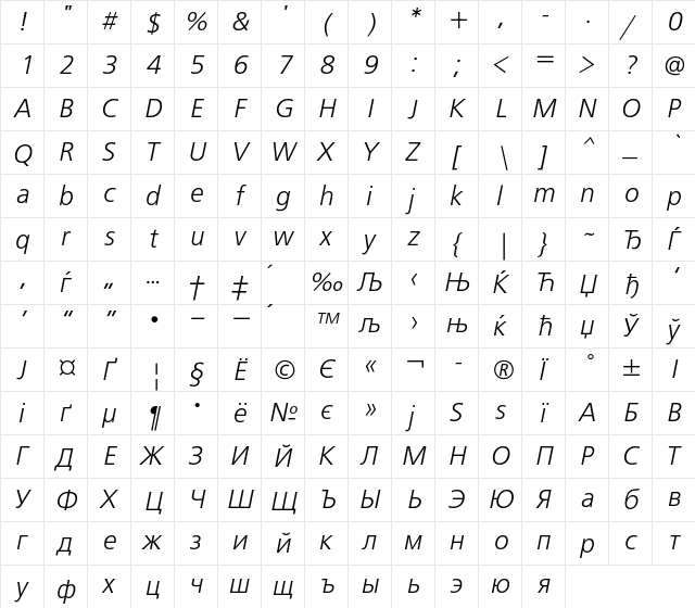 FreeSetC Regular  glyph index