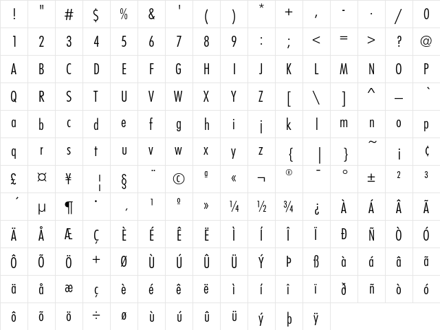 FuturaEF LightCond  glyph index
