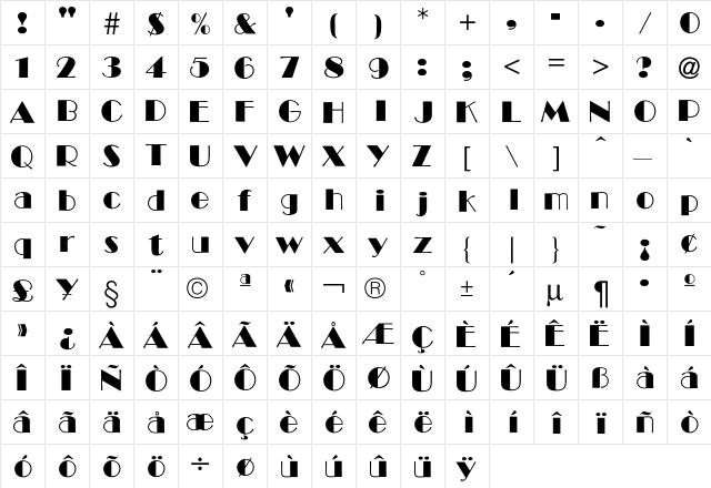 Broadway Font  glyph index