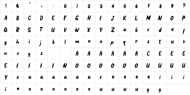 Sweaty Belvin Regular  glyph index