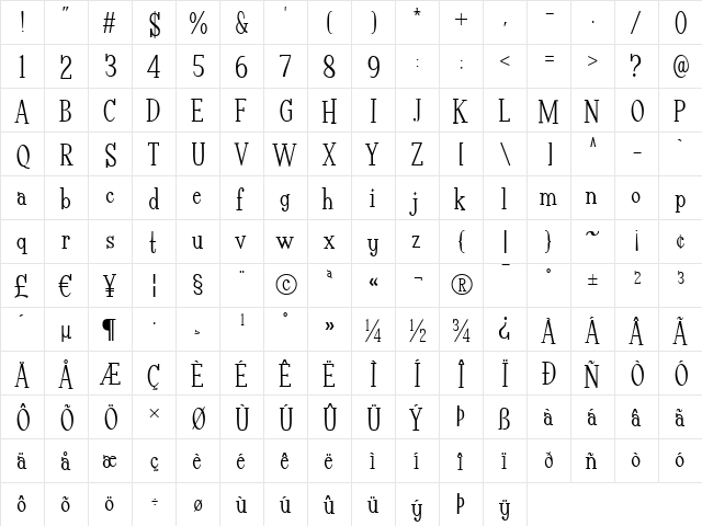 Jerky Tash Regular  glyph index