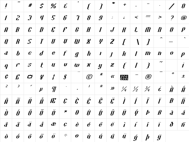 BaccusBevelExp Italic  glyph index