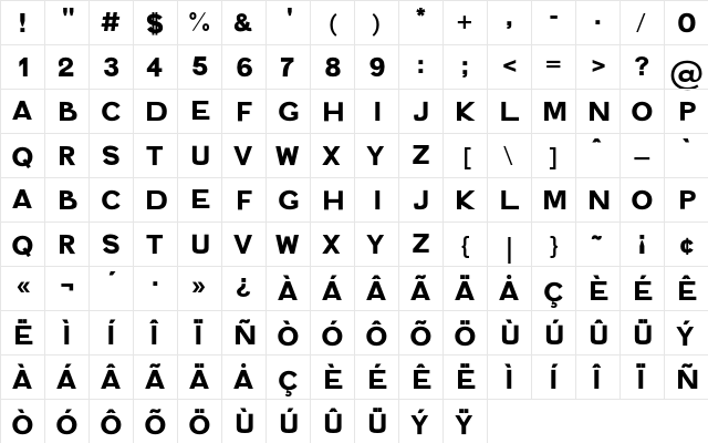 Vidi Bold  glyph index