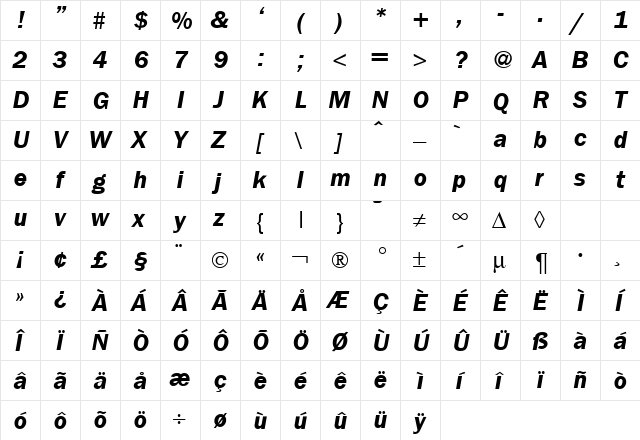 FranklinGothicNew BoldItalic  glyph index
