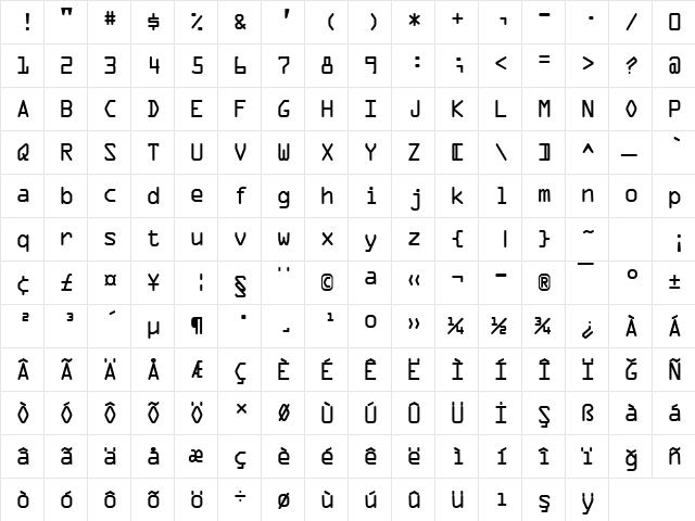 OCR A Extended Digiscream Regular  glyph index