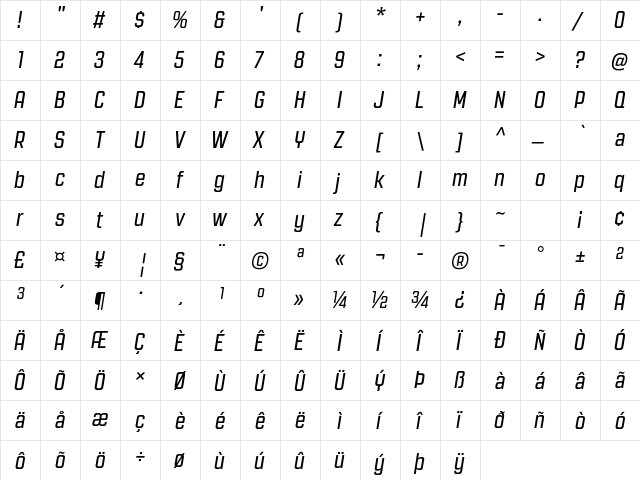 Revolution Gothic Regular  glyph index