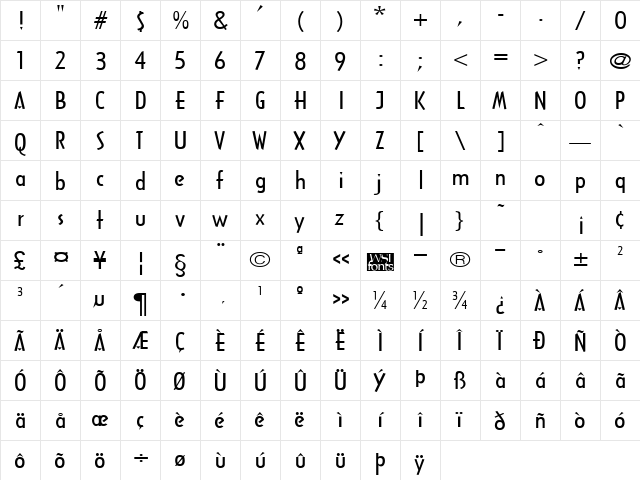 ArcaneBroad Regular  glyph index