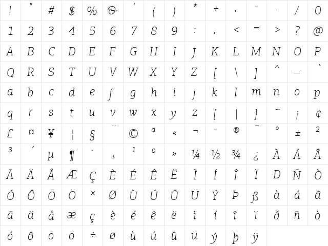 PF Agora Slab Pro Thin Italic  glyph index