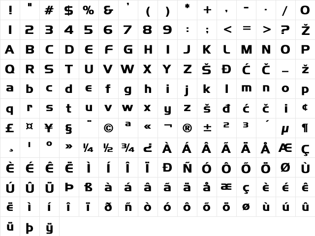 SLO_Handel_Gothic Bold  glyph index