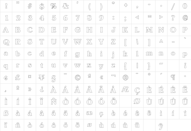 Boulevard Outline SF Regular  glyph index